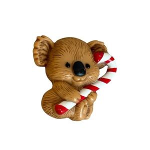 Vintage Hallmark Holiday Pin Koala with Candy Cane Brooch 1982 Brown Multi